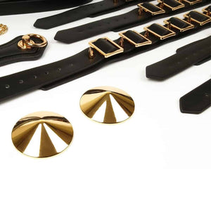 Coffret BDSM ouvert en cuir noir avec intérieur rouge, présentant un ensemble d’accessoires assortis comprenant menottes, sangles, cravaches et chaînes, disposés de manière ordonnée dans une esthétique luxueuse.