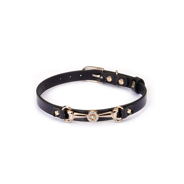 Choker Confortable et Ajustable en simili cuir noir brillant métal doré bijou central strass décoratifs