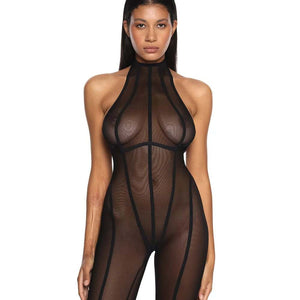 Femme Portant un Catsuit Noir et Transparent En Maille Durable et Ultra-Extensible