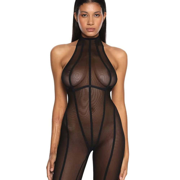Femme Portant un Catsuit Noir et Transparent En Maille Durable et Ultra-Extensible
