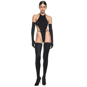 Femme Portant Le Body Lana Ouvert dans le Dos Biflex Ultra-Extensible Noir