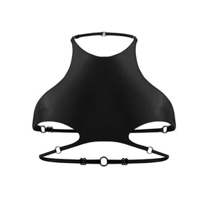 Top Stellare en biflex double signé Anoeses, dos nu avec bretelles réglables ornées d’anneaux métalliques – coupe graphique, maintien ajusté, fabrication artisanale.