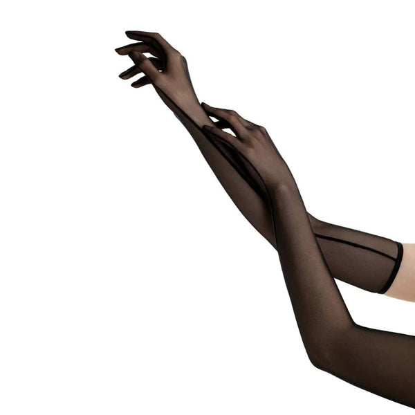 Gants longs ANOESES en tulle noir transparent portés sur les bras, rendu minimaliste sur fond blanc.
