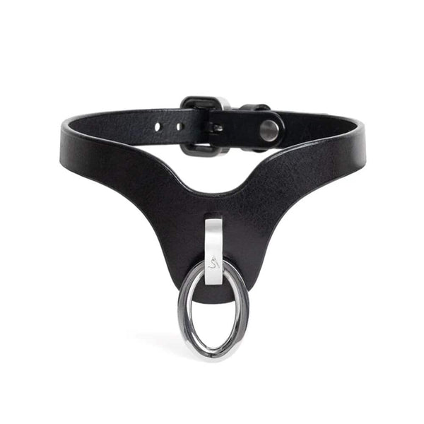 Collier choker en cuir noir avec anneau métallique argenté et boucle de fermeture.