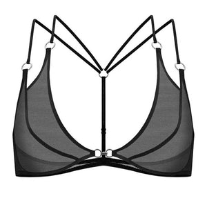 Soutien-gorge en mesh noir ANOESES avec bonnets transparents, lignes graphiques et fines bretelles multiples, présenté à plat sur fond blanc.