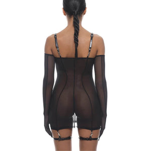 Robe en résille noir ultra-extensible et détails bretelles et jarretières en cuir naturel Noir détails Argentés