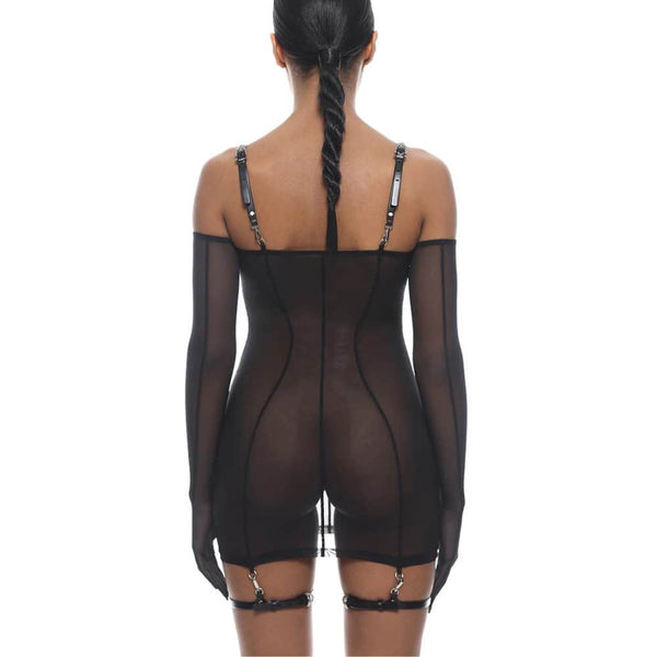 Robe en résille noir ultra-extensible et détails bretelles et jarretières en cuir naturel Noir détails Argentés
