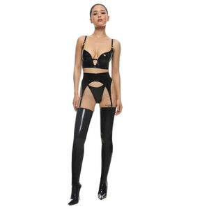 Ensemble de Lingerie en Latex avec Un Soutien-gorge en Latex Naturel Noir un Porte-jarretelles Noir en Latex naturel et des Bas en Latex Noir