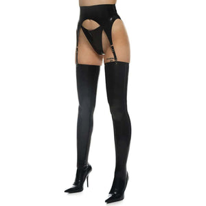 Lingerie en Latex avec un Porte-jarretelles Noir en Latex naturel et des Bas en Latex Noir