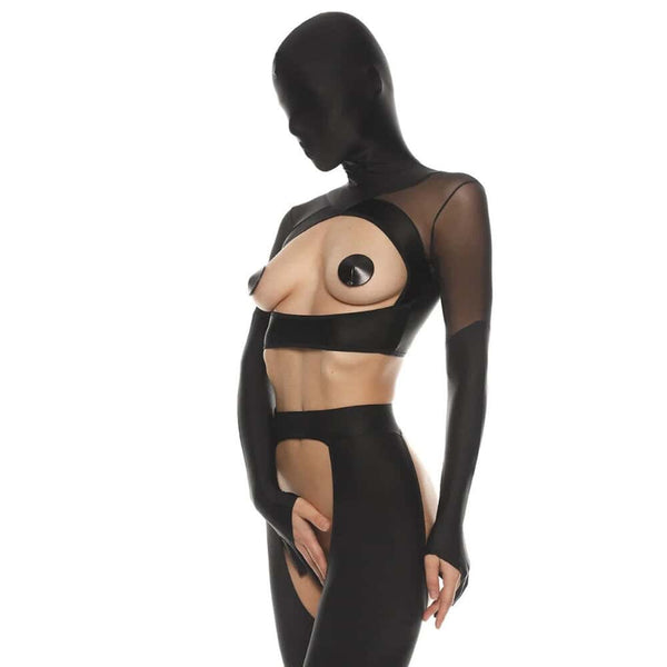 Ensemble en latex et mesh noir ANOESES avec soutien-gorge ouvert, caches-mamelons, bas taille haute découpé, manches longues et cagoule assortie, porté par un mannequin de profil sur fond blanc.