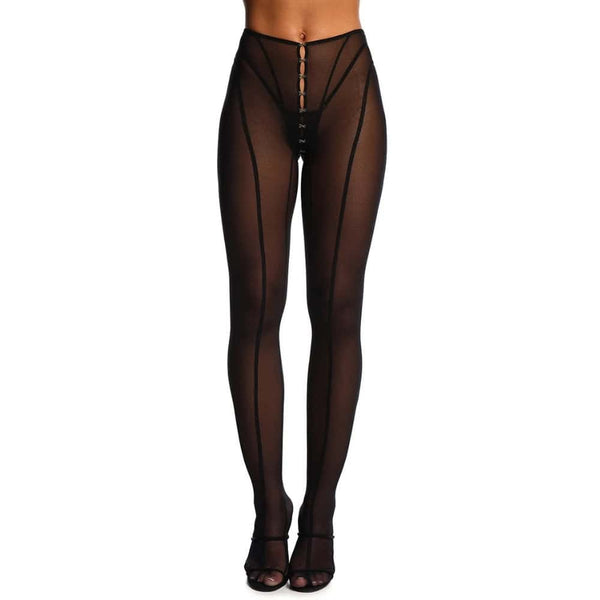 Ensemble ANOESES en mesh noir composé d’un soutien-gorge et d’un pantalon transparent à lignes verticales, porté par un mannequin sur fond blanc.