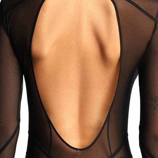Robe longue ANOESES en mesh noir avec manches longues, lignes graphiques verticales et encolure haute