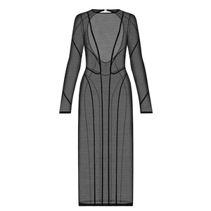 Robe longue ANOESES en mesh noir avec manches longues, lignes graphiques verticales et encolure haute, présentée sur fond blanc.