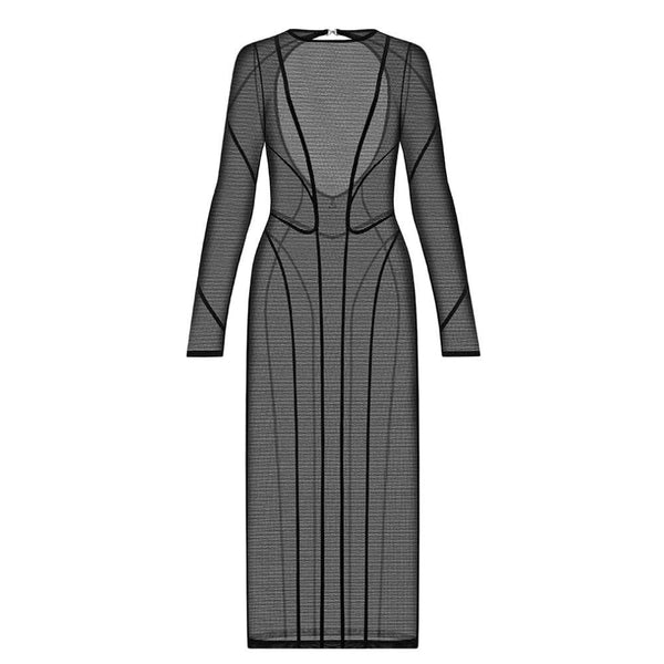 Robe longue ANOESES en mesh noir avec manches longues, lignes graphiques verticales et encolure haute, présentée sur fond blanc.