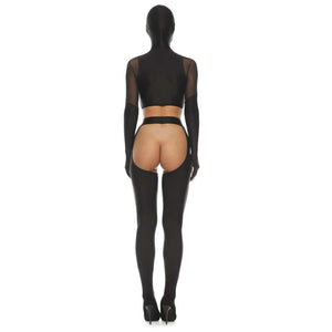 Ensemble en latex et mesh noir ANOESES avec soutien-gorge ouvert, caches-mamelons, bas taille haute découpé, manches longues et cagoule assortie, porté par un mannequin de profil sur fond blanc.