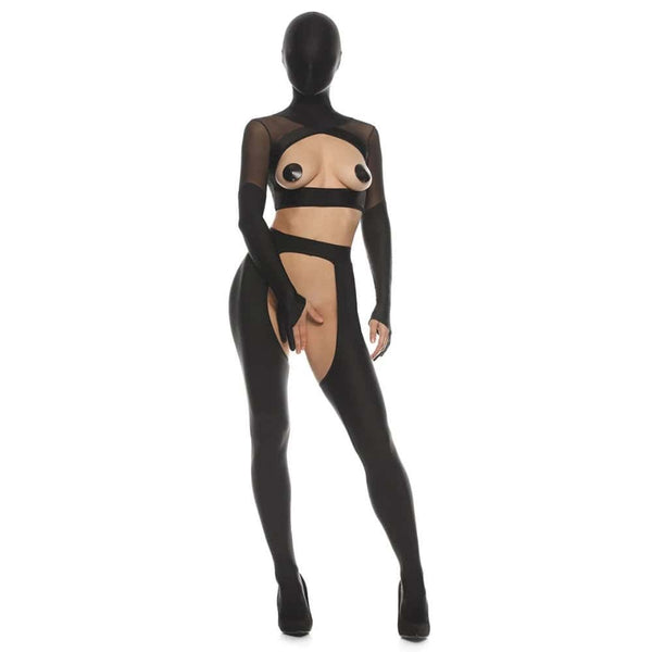 Ensemble en latex et mesh noir ANOESES avec soutien-gorge ouvert, caches-mamelons, bas taille haute découpé, manches longues et cagoule assortie, porté par un mannequin de profil sur fond blanc.