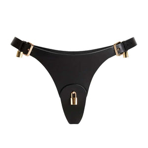 String ANOESES en cuir noir avec sangles réglables, boucles dorées et cadenas central, présenté sur fond blanc.