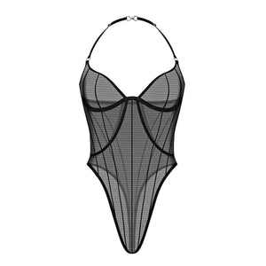 Body ANOESES en mesh noir présenté à plat, coupe échancrée avec bonnets structurés et lignes graphiques verticales, design épuré et esthétique fétiche haut de gamme Brigade Mondaine Paris.