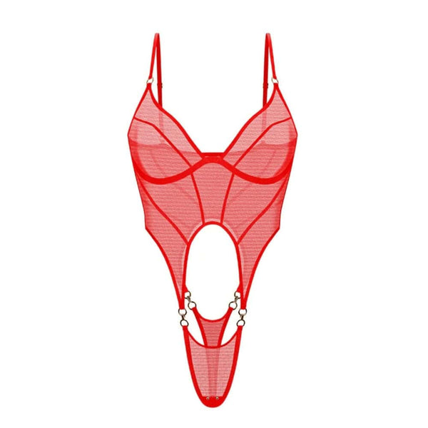 Body ANOESES en mesh rouge avec découpes centrales et détails métalliques, porté par un mannequin sur fond blanc.