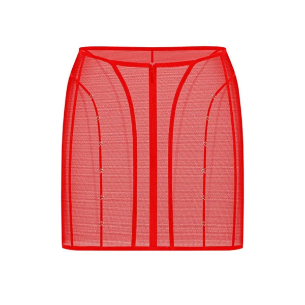 Vue dos d’une jupe en tulle rouge ANOESES, coupe ajustée avec lignes graphiques verticales et petits crochets décoratifs, transparence légère et esthétique fétiche haut de gamme Brigade Mondaine Paris.