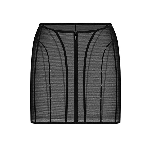Vue dos d’une jupe en tulle noir ANOESES, coupe ajustée avec lignes graphiques verticales et petits crochets décoratifs, transparence légère et esthétique fétiche haut de gamme Brigade Mondaine Paris.
