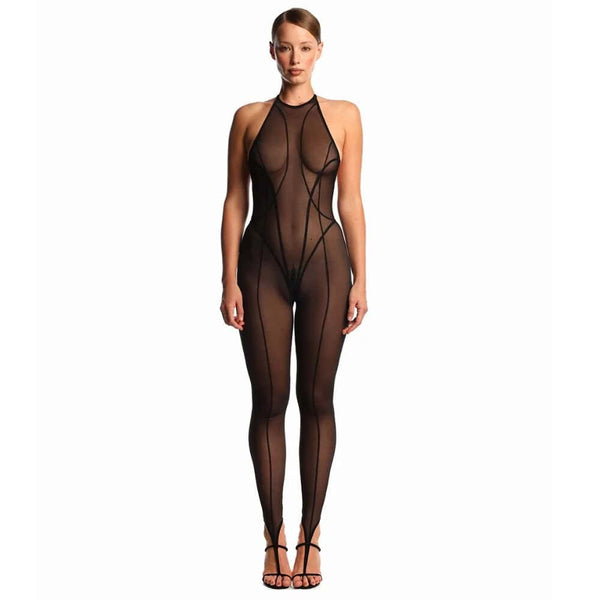 Vue dos d’un bodysuit en tulle noir ANOESES, dos ouvert, coupe échancrée et manches longues transparentes, porté par un modèle féminin dans une esthétique fétiche haut de gamme Brigade Mondaine Paris.
