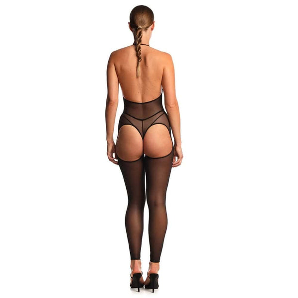 Vue dos d’un bodysuit en tulle noir ANOESES, dos ouvert, coupe échancrée et manches longues transparentes, porté par un modèle féminin dans une esthétique fétiche haut de gamme Brigade Mondaine Paris.