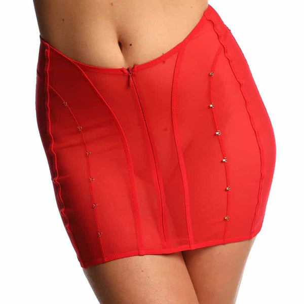 Vue dos d’une jupe en tulle rouge ANOESES, coupe ajustée avec lignes graphiques verticales et petits crochets décoratifs, transparence légère et esthétique fétiche haut de gamme Brigade Mondaine Paris.