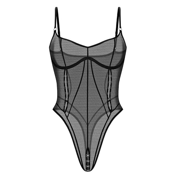 Body en tulle noir ANOESES porté par un modèle féminin allongé, découpes latérales, lacets décoratifs sur le buste, porté avec bas noirs et col assorti, esthétique fétiche haut de gamme Brigade Mondaine Paris.