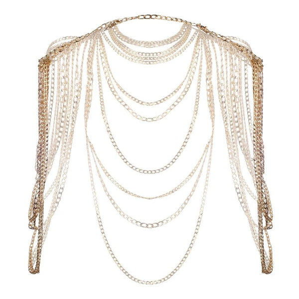 Harnais bijou de corps composé d’une cascade de chaînes dorées superposées qui habillent les épaules et le décolleté. Design ajustable à porter seul ou en superposition