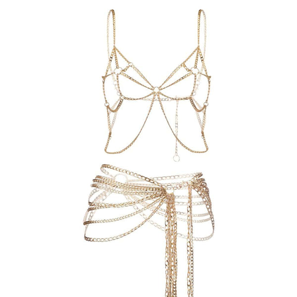 Harnais bijou de corps composé de deux harnais : un harnais ajustable de type soutien-gorge ouvert à poser sur le buste et d’une ceinture jupe à poser sur les hanches, habillant le corps d’une structure élégante et audacieuse. Design ajustable pour un confort optimal à porter seul ou en superposition