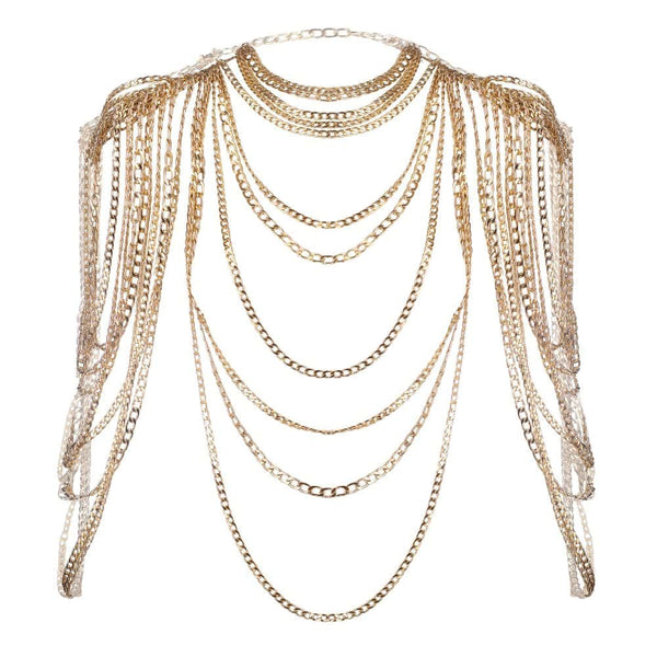 Harnais bijou de corps composé d’une cascade de chaînes dorées superposées qui habillent les épaules et le décolleté. Design ajustable à porter seul ou en superposition