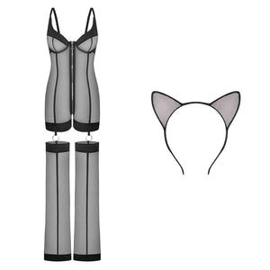 Le Kitty Pop Catsuit Set de Bæd Stories combine soie extensible et résille fine pour un look audacieux. Son buste à armature zippée permet de le porter court ou long. Livré dans une pochette en velours, il allie sensualité et confort. Soyez audacieuse et tendance avec ce set provocant.