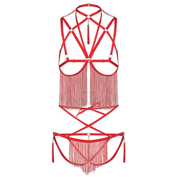harnais rouge combiné à plusieurs bretelle est des franges connecte a les panties et au soutien-gorge
