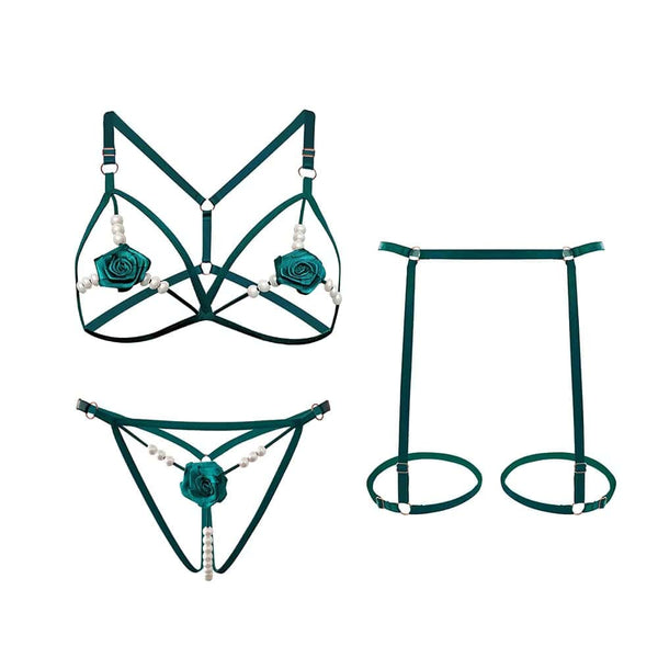 #vert Set lingerie ouverte rouge composé d’un soutien-gorge ouvert, d’une culotte ouverte et d’un harnais avec perles synthétiques, confectionné en élastique, disponible en taille unique 34/40.