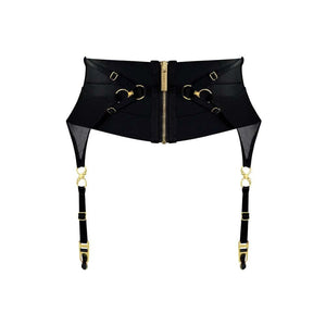 Serre taille noir Bordelle modèle NEDA multi styles, zip central et anneaux dorés, présenté à plat sur fond clair, sélection Brigade Mondaine Paris.