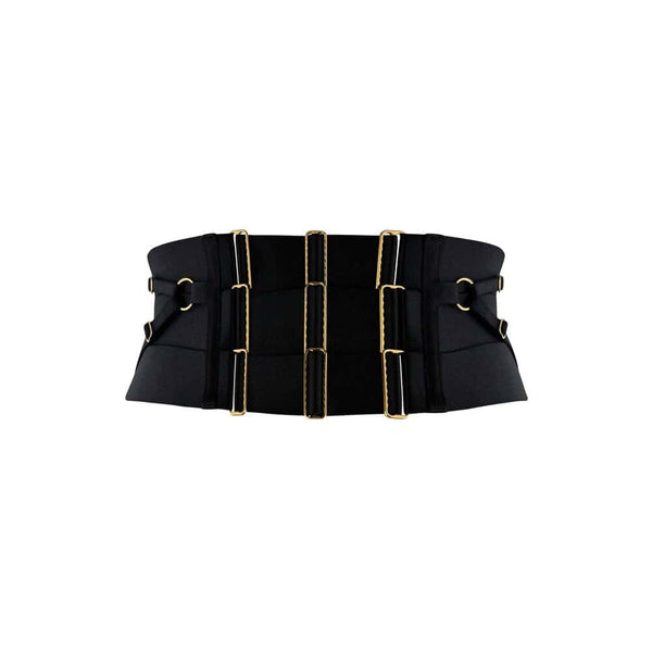 Serre taille noir Bordelle modèle NEDA multi styles, zip central et anneaux dorés, présenté à plat sur fond clair, sélection Brigade Mondaine Paris.