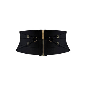 Serre taille noir Bordelle modèle NEDA multi styles, zip central et anneaux dorés, présenté à plat sur fond clair, sélection Brigade Mondaine Paris.