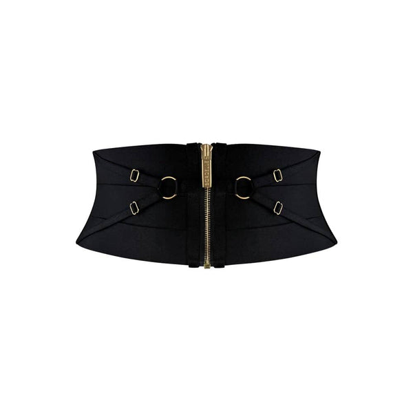 Serre taille noir Bordelle modèle NEDA multi styles, zip central et anneaux dorés, présenté à plat sur fond clair, sélection Brigade Mondaine Paris.