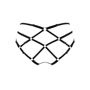 Culotte noire Bordelle modèle Zenna cul nu en mesh et bandes structurées, détails d’anneaux dorés, présentée à plat sur fond clair, sélection Brigade Mondaine Paris.