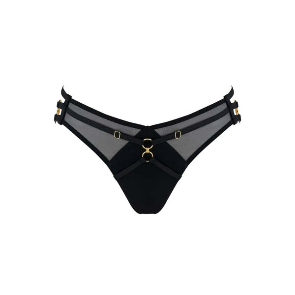 Culotte noire Bordelle modèle Zenna cul nu en mesh et bandes structurées, détails d’anneaux dorés, présentée à plat sur fond clair, sélection Brigade Mondaine Paris.
