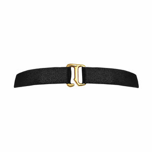 Collier ras du cou en élastiques satinés noirs avec pièce en métal doré représentant un entrelacement d'anneaux en son centre, Bordelle Signature chez Brigade Mondaine