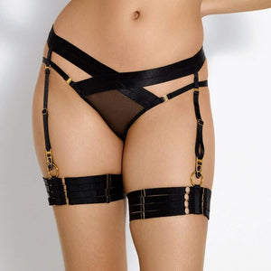 Détail de la Photo d'une Femme de Devant portant un Soutien-Gorge Push-Up en Soie, une Culotte Porte-jarretelles et des Jarretières couleur Noir