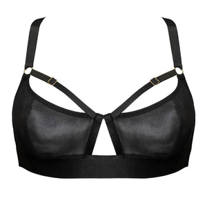 Soutien-gorge noir en tulle et satin avec lanières ajustables, anneaux dorés et ouverture centrale pour un effet structuré et moderne.