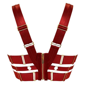 Bustier en Satin Rouge Brulé Détail Plaqué Or et string multi-sangles et Choker Rouge avec détails Dorés