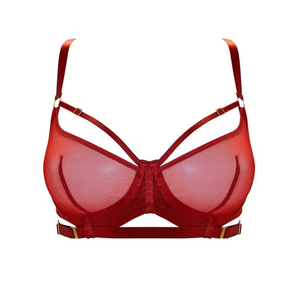 Soutien-Gorge Balconnet à Armatures Rouge Brulé en Résille détails en Or Plaqué 24 Carats