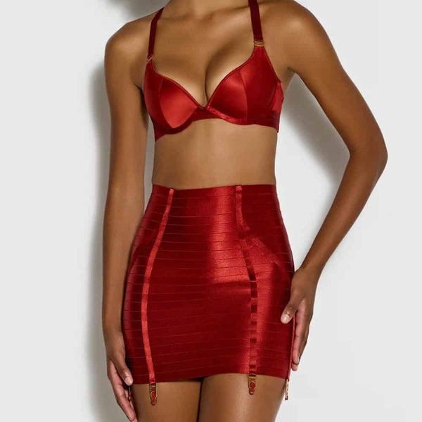 Jupe rouge taille haute effet bandage avec détails graphiques et attaches porte-jarretelles