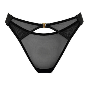 String Noir en Tulle transparent doux avec bandes élastiques satinées noires lanières ajustables sur les hanches et finitions en laiton doré à l’or fin 24k