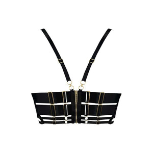 Soutien-gorge noir Bordelle modèle Zenna avec harnais intégré, mesh fin, sangles ajustables et anneaux dorés, présenté à plat sur fond clair, sélection Brigade Mondaine Paris.