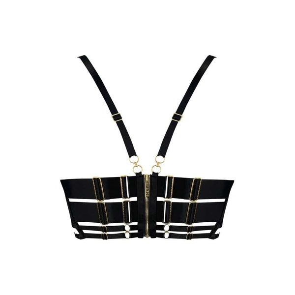 Soutien-gorge noir Bordelle modèle Zenna avec harnais intégré, mesh fin, sangles ajustables et anneaux dorés, présenté à plat sur fond clair, sélection Brigade Mondaine Paris.
